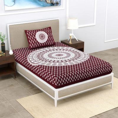 Mandakini 140 TC Cotton Single Jaipuri Prints Flat Bedsheet(Pack of 1, Maroon)