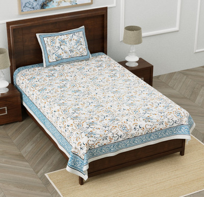 GrihSansaar Cotton Single Flat 210 TC Jaipuri Prints Bedsheet(Pack of 1, Sea Green)