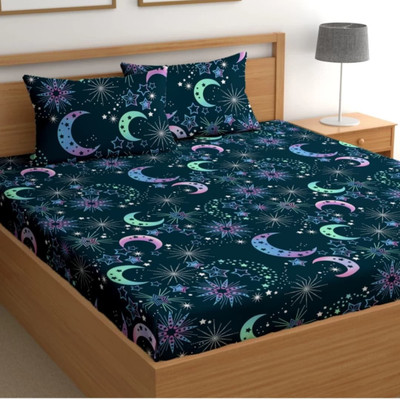 Decent Home Cotton Double Fitted (Elastic) 240 TC Floral Bedsheet(Pack of 1, Blue)