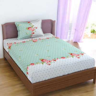 HOMYBEES 101 TC Cotton Single Polka Flat Bedsheet(Pack of 1, Green)