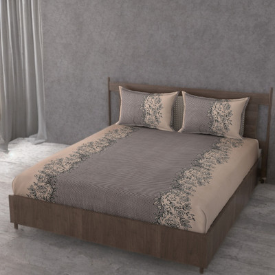 HUESPACE Cotton, Microfiber Double, Queen Fitted (Elastic) 300 TC Floral Bedsheet(Pack of 1, Brown, Beige)