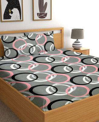 BEDORISM 210 TC Cotton King Printed Fitted (Elastic) Bedsheet(Pack of 1, Grey Gola)