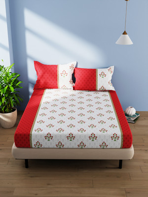 Bianca Cotton Double Flat 144 TC Floral Bedsheet(Pack of 1, RED/MULTI)