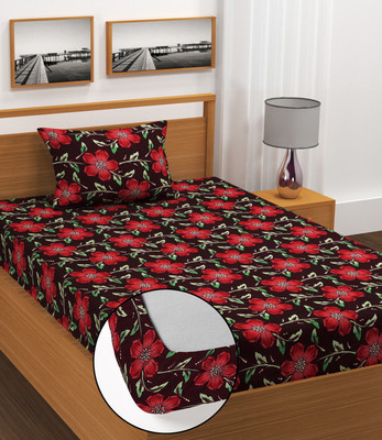 GooglyGoogly 190 TC Cotton Single Floral Fitted (Elastic) Bedsheet(Pack of 1, Red)