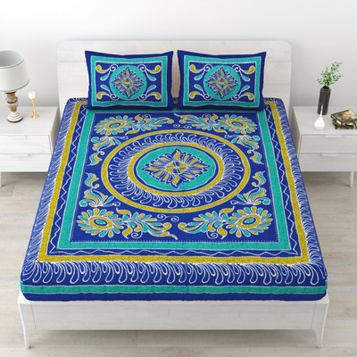 UNIQCHOICE 104 TC Cotton Double Jaipuri Prints Flat Bedsheet(Pack of 1, Blue)