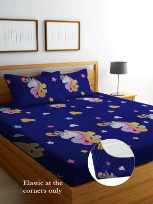 Pinaka 250 TC Microfiber Double 3D Printed Fitted (Elastic) Bedsheet(Pack of 1, Blue)