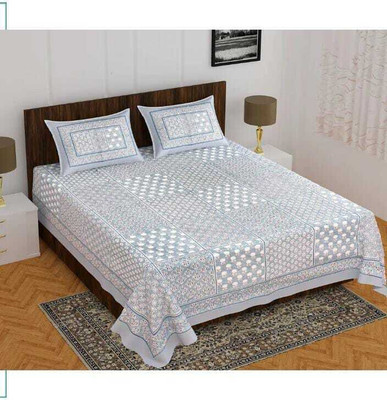 RAJDEVI JAIPUR PRINTS 145 TC Cotton Queen Jaipuri Prints Flat Bedsheet(Pack of 1, RIght grey)