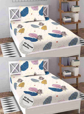 Nt@ub 210 TC Cotton Single Printed Fitted (Elastic) Bedsheet(Pack of 2, Cream)