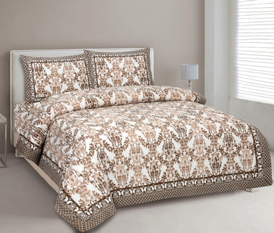 CLOTHOLOGY Cotton King Flat 240 TC Jaipuri Prints Bedsheet(Pack of 1, Brown, White)