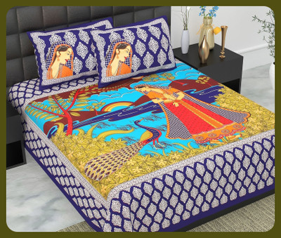 BedZone Cotton Double Flat 240 TC Jaipuri Prints Bedsheet(Pack of 1, Blue)