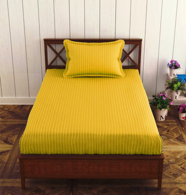 EVAHOME 300 TC Cotton Single Striped Fitted (Elastic) Bedsheet(Pack of 1, Yellow)