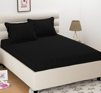 OICHY Microfiber Double Flat 280 TC Striped Bedsheet(Pack of 1, Black)