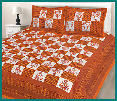 BedZone Cotton Double Flat 240 TC Jaipuri Prints Bedsheet(Pack of 1, Orange)