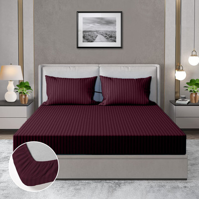 Acesquare Cotton Double Fitted (Elastic) 210 TC Striped Bedsheet(Pack of 1, Wine)