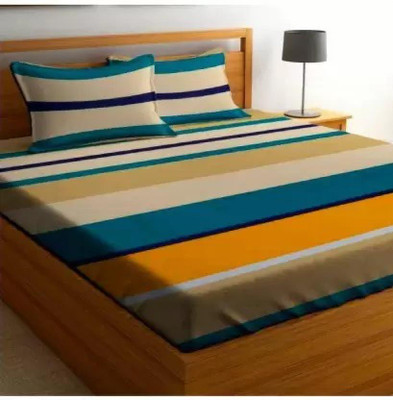 TripleV 210 TC Cotton Double Geometric Fitted (Elastic) Bedsheet(Pack of 1, Stripes)