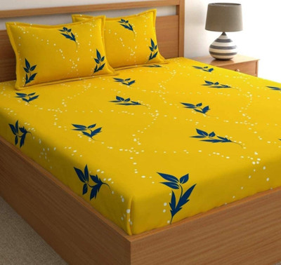 LX LOYREX Microfiber King Fitted (Elastic) 220 TC Printed Bedsheet(Pack of 1, Yellow, Blue)