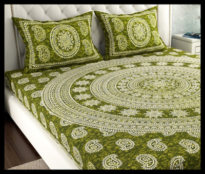BedZone 220 TC Cotton Double, Queen Jaipuri Prints Flat Bedsheet(Pack of 1, Green)
