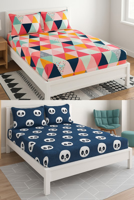 n g products Cotton Double Fitted (Elastic) 220 TC Printed Bedsheet(Pack of 2, Multicolor)