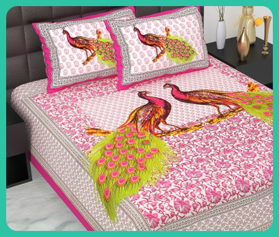 JAIPUR PRINTS Cotton Double Flat 210 TC Jaipuri Prints Bedsheet(Pack of 1, Pink)