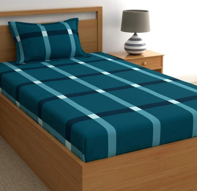 Rumps 220 TC Cotton Single Printed Fitted (Elastic) Bedsheet(Pack of 1, Dark Blue)