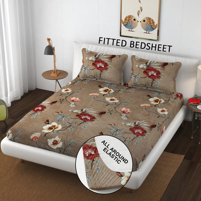 SCHp Woolen, Velvet Double Fitted (Elastic) 240 TC Printed Bedsheet(Pack of 1, B_25)