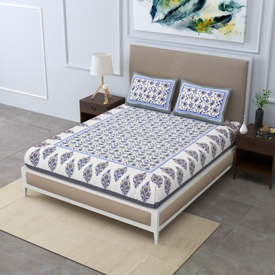 Poorak 104 TC Cotton Double Jaipuri Prints Flat Bedsheet(Pack of 1, Grey)