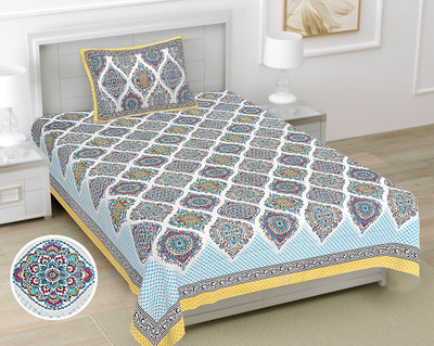 R Print 144 TC Cotton Single Jaipuri Prints Flat Bedsheet(Pack of 1, Blue)