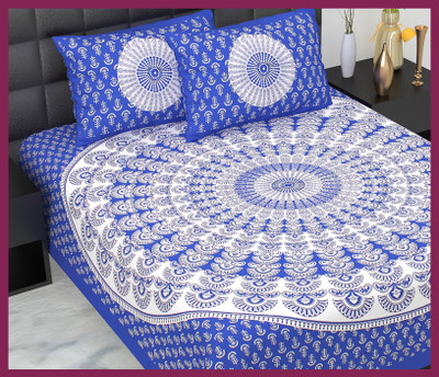 JAIPUR PRINTS Cotton Double Flat 210 TC Jaipuri Prints Bedsheet(Pack of 1, Blue)