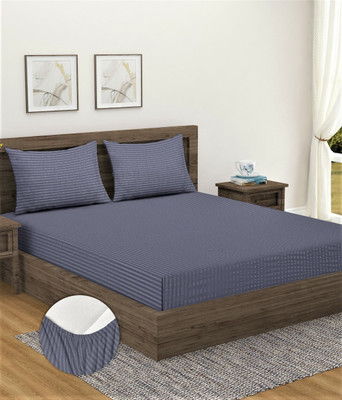 Home Sizzler Microfiber Double Fitted (Elastic) 300 TC Striped Bedsheet(Pack of 1, Grey)