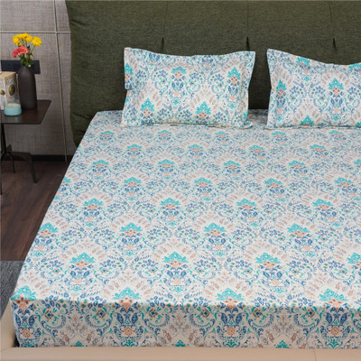 Urban Space Cotton King Fitted (Elastic) 200 TC Floral Bedsheet(Pack of 1, Mughal Garden - Blue)