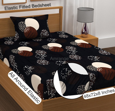 Amrange 190 TC Microfiber Single 3D Printed Fitted (Elastic) Bedsheet(Pack of 1, Black)