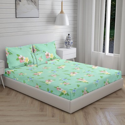 NyraFabrics 220 TC Cotton Queen Floral Fitted (Elastic) Bedsheet(Pack of 1, Sea Green)