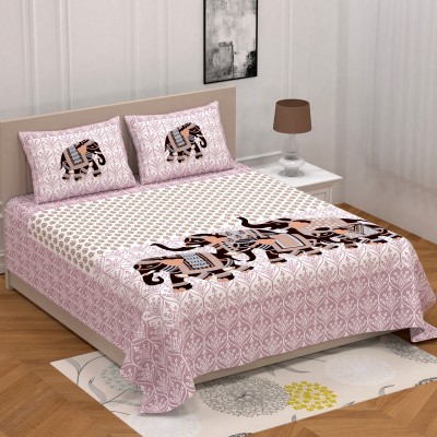 Poorak 104 TC Cotton Double Jaipuri Prints Flat Bedsheet(Pack of 1, Pink)