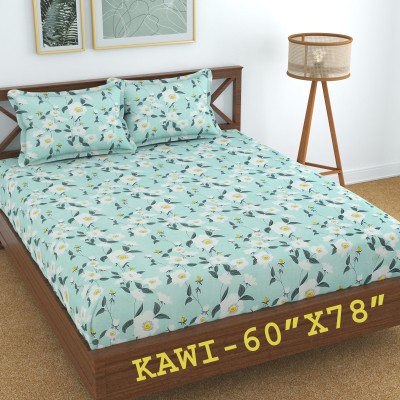Kawi 200 TC Polycotton Queen Floral Fitted (Elastic) Bedsheet(Pack of 1, Light Green A)