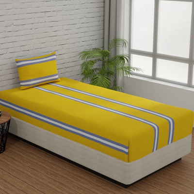 Huesland Cotton Single Fitted (Elastic) 144 TC Geometric Bedsheet(Pack of 1, Stripes - Yellow & Grey)