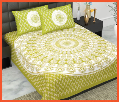 BedZone Cotton Double Flat 240 TC Jaipuri Prints Bedsheet(Pack of 1, Green)