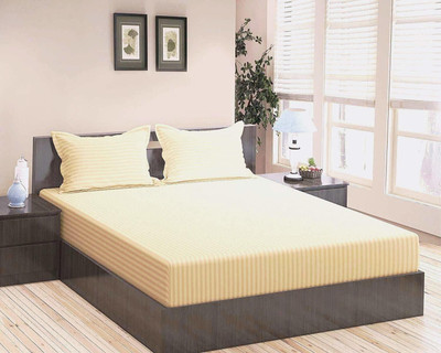 BEVI 300 TC Microfiber Double Striped Fitted (Elastic) Bedsheet(Pack of 1, Ivory)