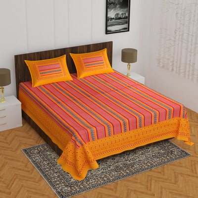 Home@shop Cotton Double Flat 144 TC Striped Bedsheet(Pack of 1, Yellow)