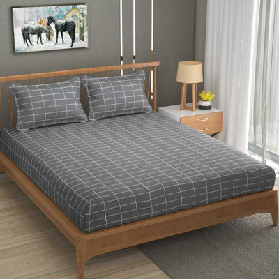 BELEZA FURNISHING Cotton Double Flat 144 TC Checkered Bedsheet(Pack of 1, Grey)