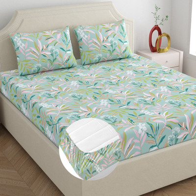 Home Ecstasy Cotton King Fitted (Elastic) 140 TC Floral Bedsheet(Pack of 1, Soft Laurel)