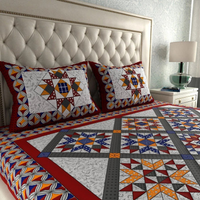 Dreamsoft Cotton Double Flat 144 TC Printed Bedsheet(Pack of 1, Red, Grey, Orange, Blue)