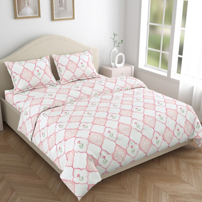 haus & kinder Cotton King Flat 186 TC Printed Bedsheet(Pack of 1, White, Pink)