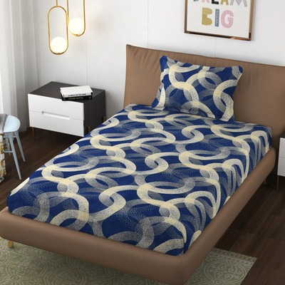 BLUSH & BLOOM 180 TC Microfiber Single Printed Flat Bedsheet(Pack of 1, With 1 Pillow Cover, Blue)