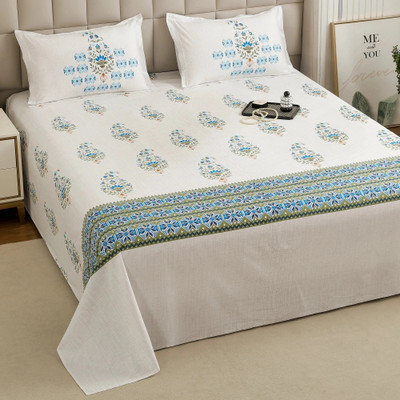 Story@home Cotton King Flat 240 TC Printed Bedsheet(Pack of 1, White, Blue)