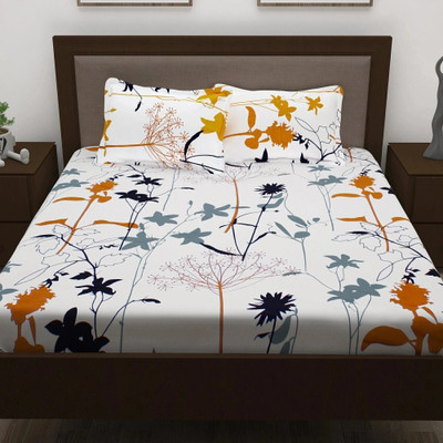 Story@home Cotton Double Flat 186 TC Printed Bedsheet(Pack of 1, White)