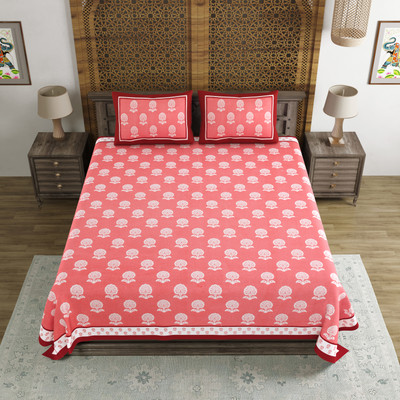 Blocks Of India Cotton Super King Flat 200 TC Printed Bedsheet(Pack of 1, Pink)