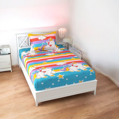 HOMYBEES 210 TC Cotton Single 3D Printed Fitted (Elastic) Bedsheet(Pack of 1, Multicolor)