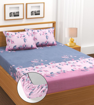 SUKHAURA Cotton Double Fitted (Elastic) 230 TC Floral Bedsheet(Pack of 1, Multicolor)
