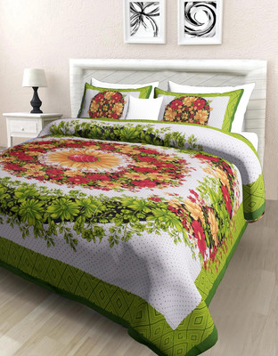 Poorak 104 TC Cotton Double Jaipuri Prints Flat Bedsheet(Pack of 1, Green)