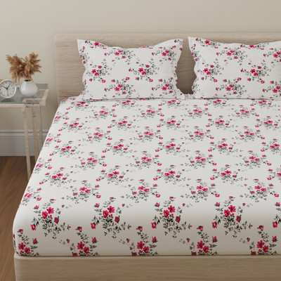 Huesland Cotton Double Flat 144 TC Floral Bedsheet(Pack of 1, White and Pink)